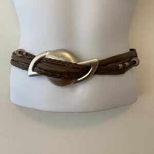 Vintage Ginnie Johansen Belt Silver Buckle Brown Faux Leather Braided Adjustable